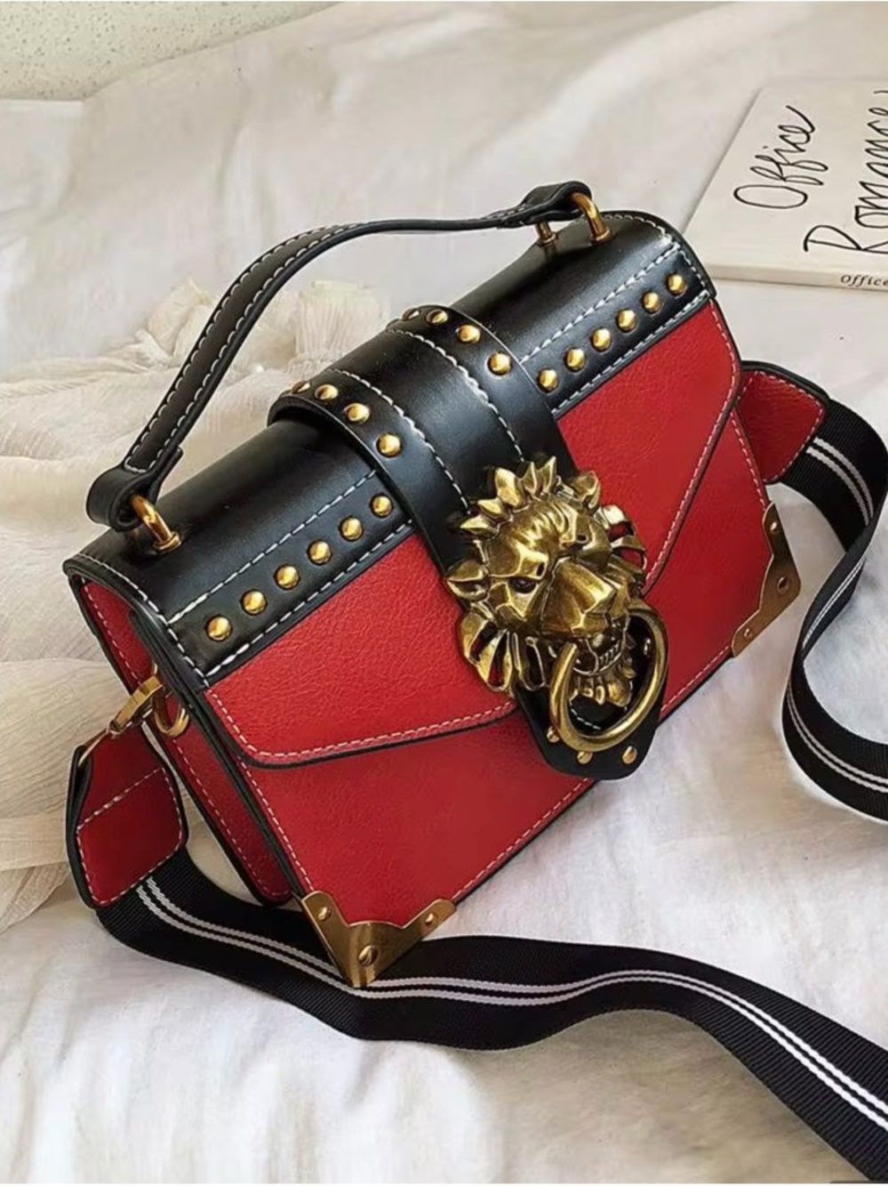 Red & Black Lion-Accent Top Handle Shoulder Bag